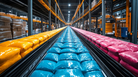 Colorful bags of processed materials on conveyor belts inside a modern manufacturing facility at a petrochemical plant. Generative AIの素材