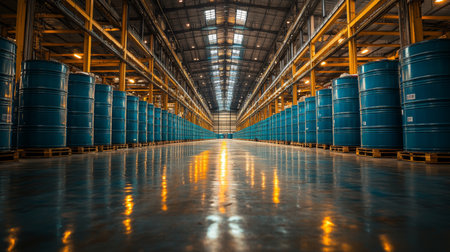 Long aisle of blue drums in a modern manufacturing factory with automated systems operating equipment. Generative AIの素材