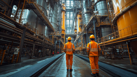 Workers oversee automated processes in a large petrochemical refinery during daylight hours. Generative AIの素材