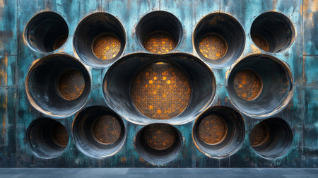 Industrial wall installation featuring perforated metal tubes for architectural aesthetics and functionality. Generative AIの素材