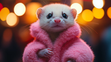 Cute animal in a fluffy pink coat poses against a colorful background at a nighttime event. Generative AIの素材