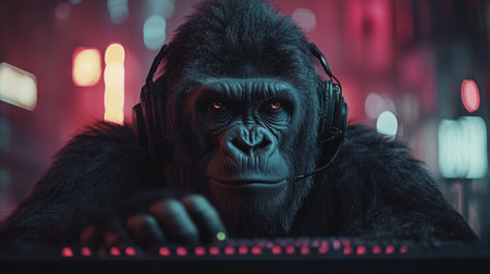 Gorilla wearing headphones engages in gaming in a neon-lit urban environment. Generative AIの素材