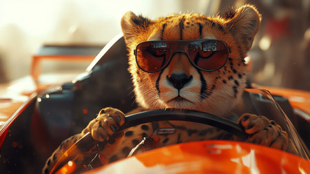 Cheetah driving a sports car while wearing sunglasses on a sunny day at a racing track. Generative AIの素材