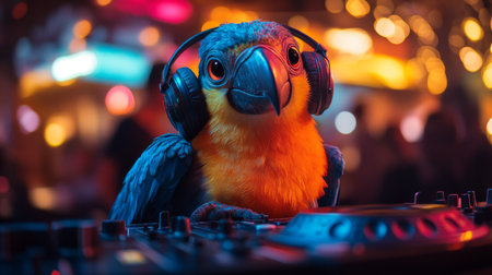 Colorful parrot mixing music at a lively party with vibrant lights in the background during evening hours. Generative AIの素材