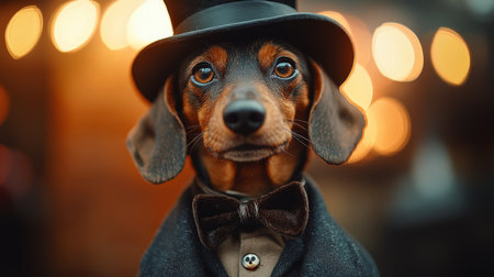 Charming dog dressed in formal attire with a top hat and bow tie at a festive outdoor event in the evening. Generative AIの素材