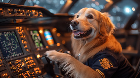 Golden retriever pilot in a cockpit smiling happily during a nighttime flight adventure. Generative AIの素材