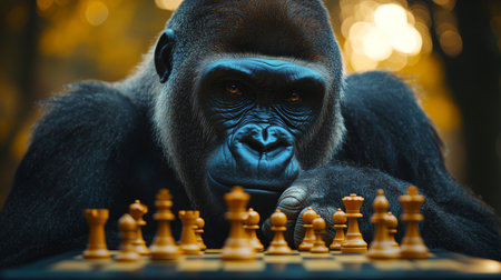 Gorilla focused on chess game in a natural setting during late afternoon light. Generative AIの素材