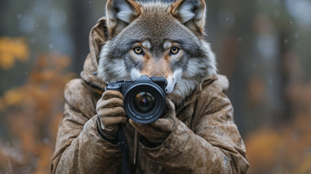 Photographer in a wolf disguise captures stunning nature moments in a forest setting during autumn. Generative AIの素材