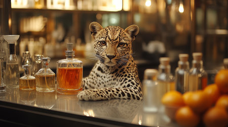 Unique encounter with a leopard at a stylish bar showcasing fine spirits and vibrant fruits in the evening. Generative AIの素材