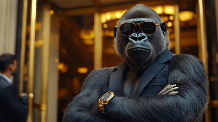 Gorilla dressed in a suit and sunglasses standing confidently outside a luxury building during daytime. Generative AIの素材