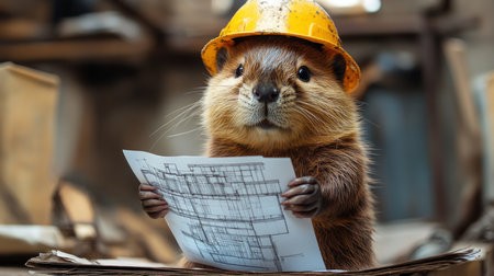 Beavers in construction helmets reviewing blueprints in an indoor workshop during daylight hours. Generative AIの素材