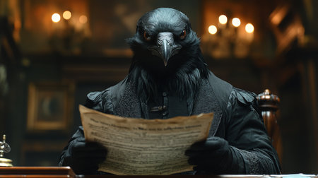 Mysterious figure in raven costume reading a scroll by candlelight in an old library setting. Generative AIの素材