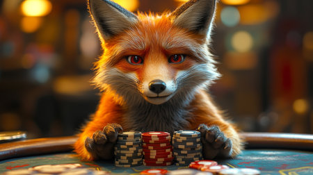 Charming fox playing poker at a colorful casino table with stacks of chips and illuminating lights in the evening. Generative AIの素材