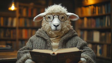 Sheep with glasses reading a book in a cozy library surrounded by shelves filled with books during the evening. Generative AIの素材