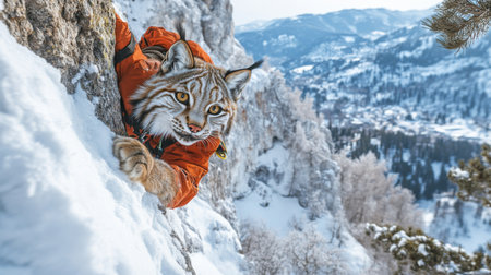 Wild lynx climbs a snowy mountain in winter with a stunning landscape of trees and hills in the background. Generative AIの素材