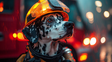 Firefighting dog wearing helmet stands confidently amidst urban rain at night while emergency vehicles glow nearby. Generative AIの素材