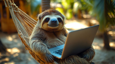 Sloth relaxes in hammock using laptop in a tropical setting during daytime. Generative AIの素材