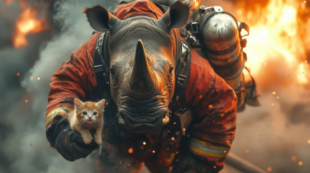 Firefighter rhinoceros rescues kitten during dramatic blaze in a chaotic urban setting. Generative AIの素材
