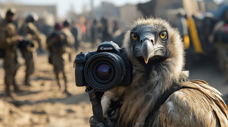 Bird holds camera and captures event in arid desert setting with people in the background during daylight. Generative AIの素材
