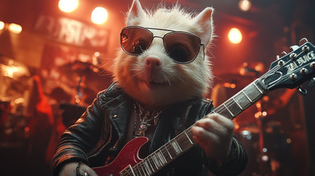 Rocking rodent band performing live in a vibrant music venue on stage with lights and energy. Generative AIの素材