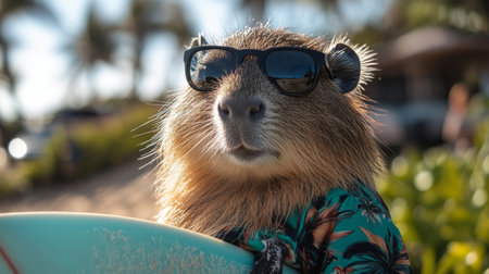 Cool rodent in sunglasses and tropical shirt holds surfboard on sunny beach with palm trees in background. Generative AIの素材