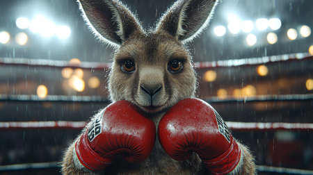 Kangaroo in boxing gloves ready for action in a packed arena with bright lights shining down. Generative AIの素材