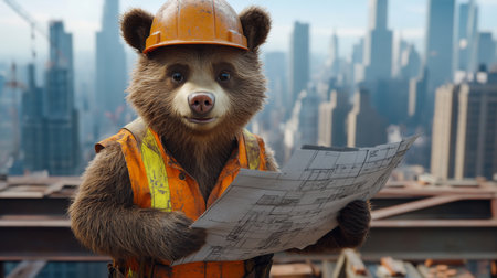 Bear wearing construction gear studies blueprints in a city under construction during the daytime. Generative AIの素材