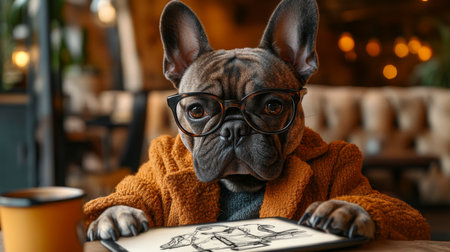 Stylish dog wearing glasses in cozy cafe, studying a notepad on a warm afternoon. Generative AIの素材