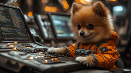 Pomeranian in an orange space suit operating a control panel in a futuristic environment. Generative AIの素材