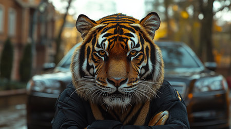 Tiger with human-like posture sits confidently in urban environment in the late afternoon light. Generative AIの素材