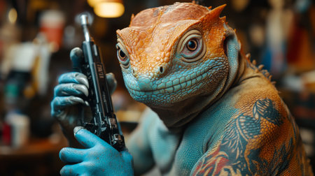 Unique creature holding gun in tattooed arm, showcasing vibrant colors in a dimly lit interior setting. Generative AIの素材