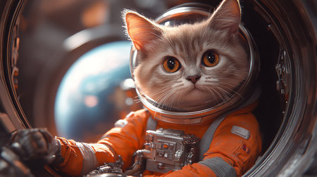 Cute cat in orange spacesuit looking out from a spaceship window during an adventure in outer space. Generative AIの素材