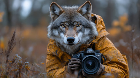 Wolf in a yellow raincoat holding a camera in a misty forest during autumn. Generative AIの素材