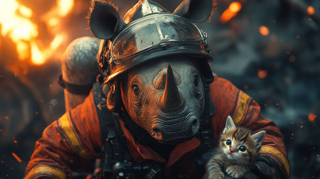 Firefighter in protective gear rescues a kitten from a blazing environment with a rhinoceros head covering. Generative AIの素材