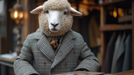 Sheep wearing a tailored suit poses at a rustic market during the day showcasing unique personality and style. Generative AIの素材