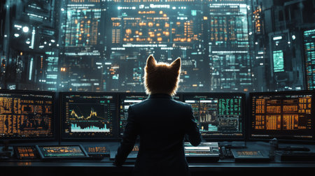 Futuristic character with fox head working at multiple digital screens in an advanced tech environment. Generative AIの素材