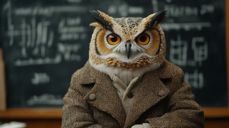 Wise owl in a tweed jacket sits at a desk in front of a blackboard filled with mathematical equations. Generative AIの素材