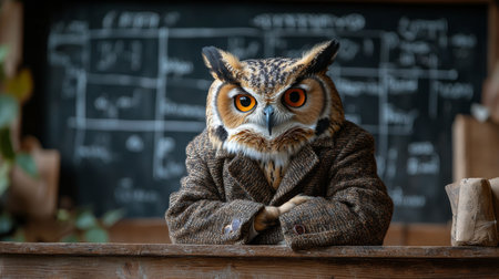 Owl dressed in a coat sitting at a desk in a classroom with a chalkboard in the background during daylight. Generative AIの素材