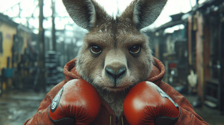 Kangaroo in boxing gloves prepares for a match in a gritty urban setting amidst a overcast sky. Generative AIの素材