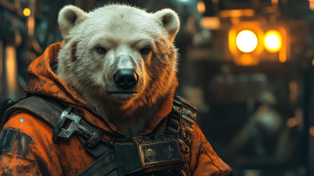 Polar bear in an orange survival suit standing in an industrial environment with glowing lights. Generative AIの素材