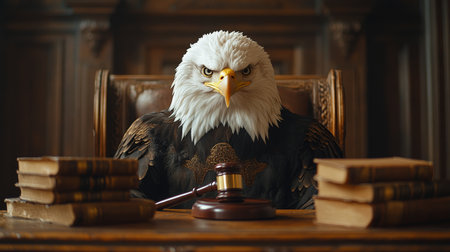Bald eagle presiding over a courtroom setting with a gavel and legal books in a vintage interior. Generative AIの素材