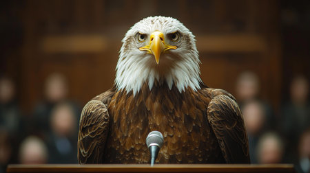 Eagle symbolizing freedom stands at the podium during a ceremonial event in a grand hall with an audience present. Generative AIの素材