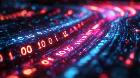 Exploration of quantum computing concepts including superposition and entanglement showcasing binary data flowing. Generative AIの素材