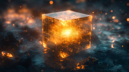 Exploring quantum concepts of qubit, superposition, and entanglement within a glowing cube representation. Generative AIの素材