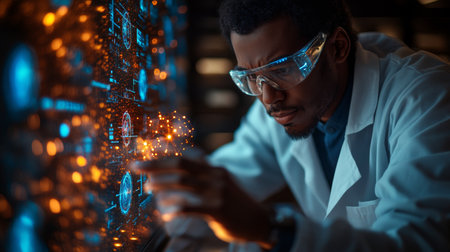 Researcher explores quantum mechanics through advanced simulation of qubits and their interactions with energy. Generative AIの素材