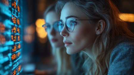 Women analyzing quantum algorithms and neural networks while studying data patterns in a modern workspace with advanced technology. Generative AIの素材