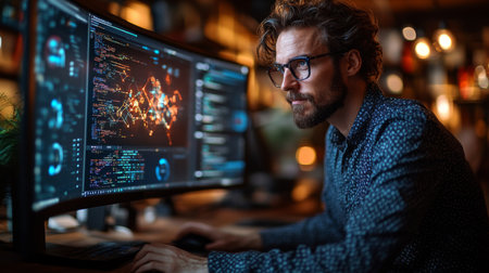 Exploring quantum algorithms with a focus on qubits, superposition, and optimization in a modern workspace. Generative AIの素材