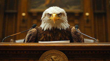 Eagle symbolizing freedom in a grand legislative chamber during an important assembly. Generative AIの素材