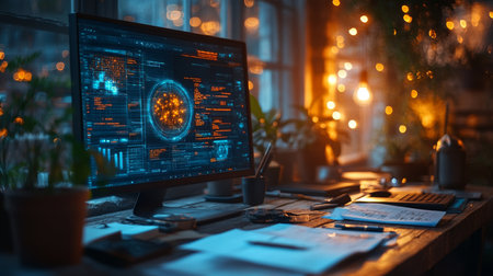 Exploring quantum computing concepts in a modern workspace with glowing screens and warm lighting atmosphere. Generative AIの素材
