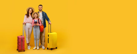 Family ready for vacation with luggage on yellow backgroundの写真素材